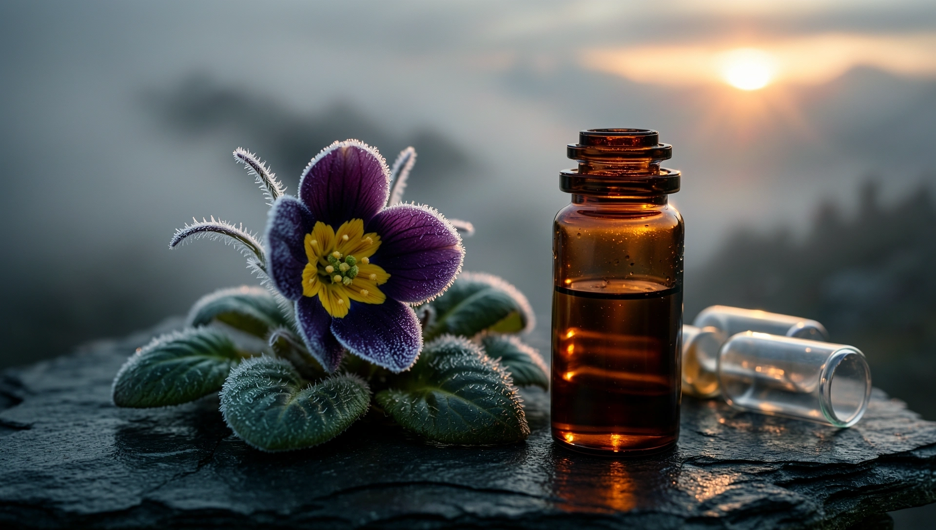 Alpine botanical specimen in Slovenian morning mist
